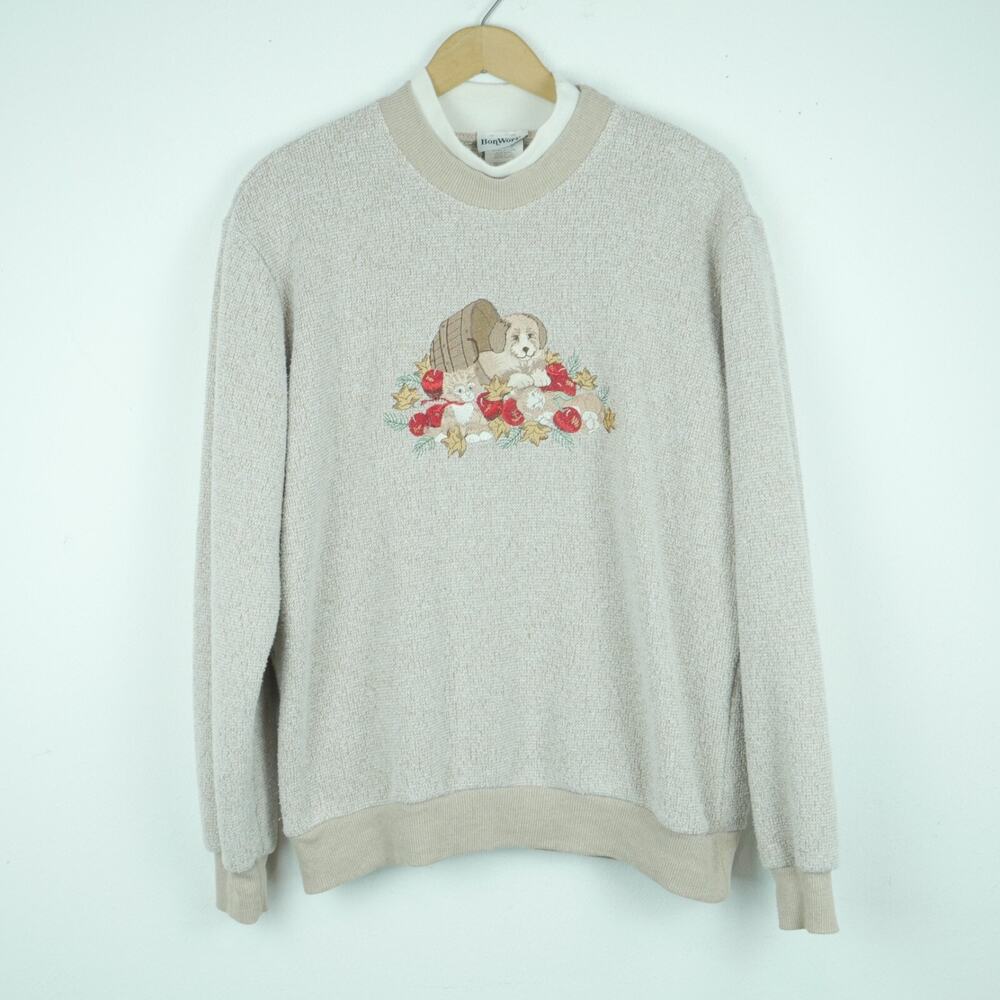 Vintage‎ XS Sweatshirt Oversized 90s Grandma Embroidered Dog Double Collar Tan